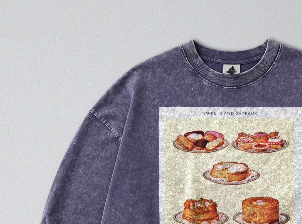 Oversized Snow Washed Long Sleeve Cotton Tee - Cakes and Desserts Print