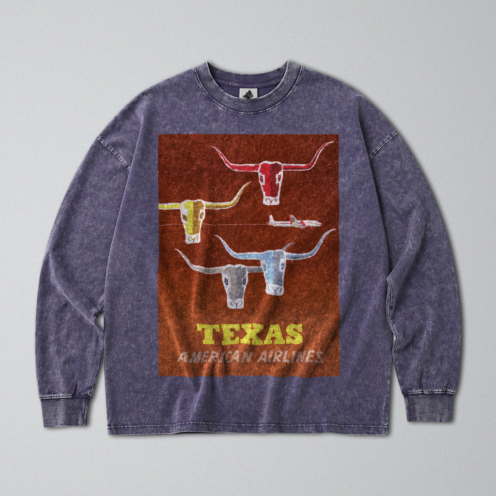 Oversized Snow Washed Long Sleeve Cotton Tee - Texas Travel Print