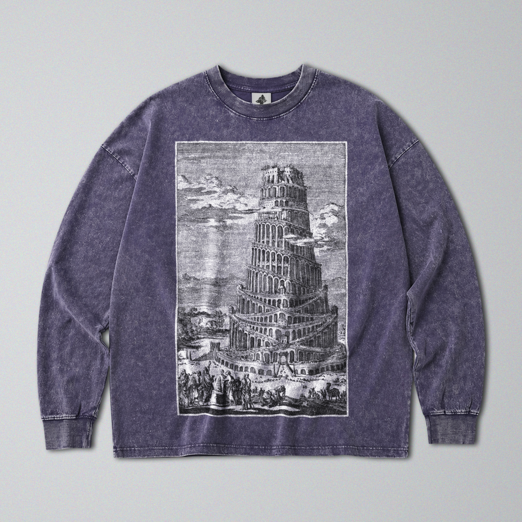 Oversized Snow Washed Long Sleeve Cotton Tee - Gothic Tower of Babel Print