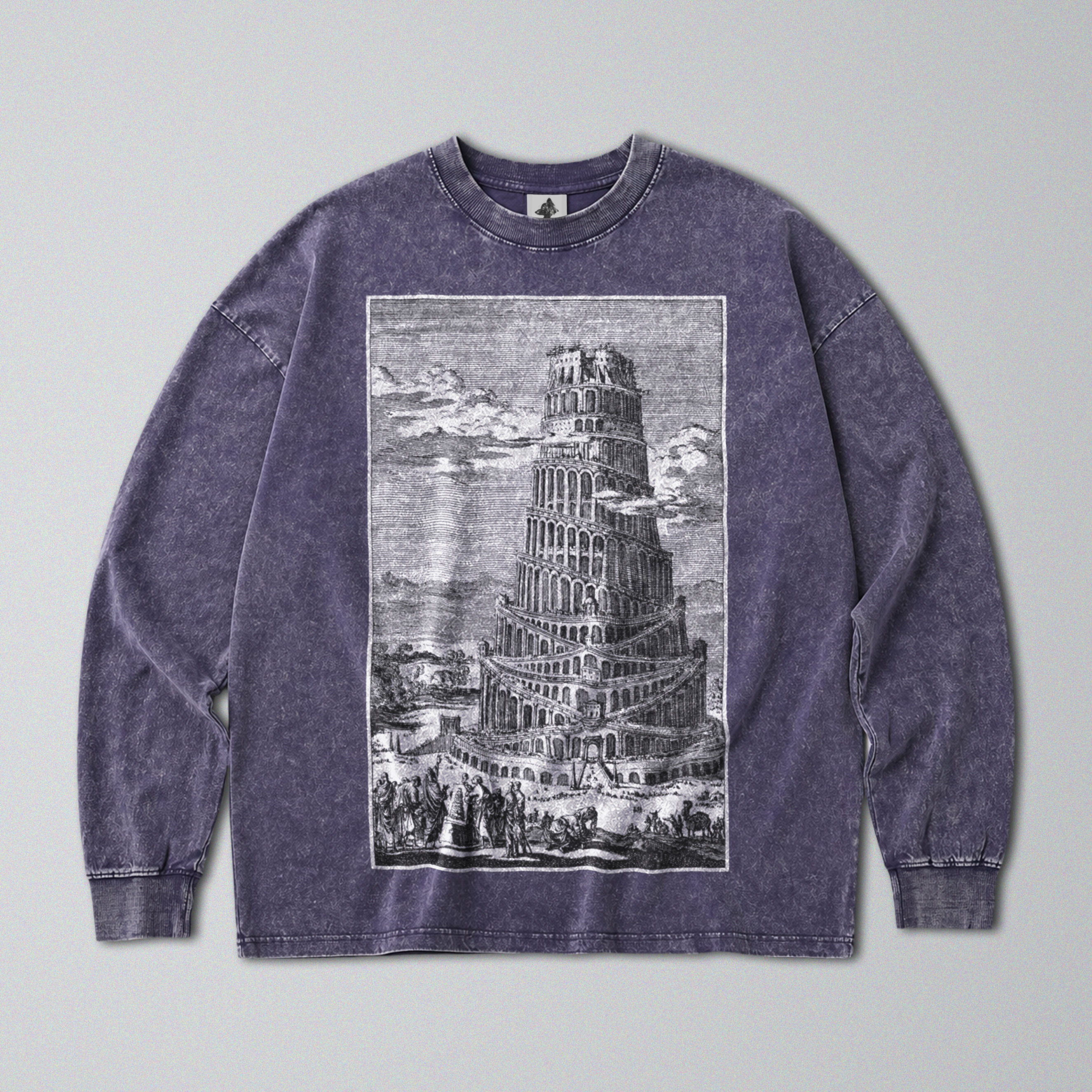 Oversized Snow Washed Long Sleeve Cotton Tee - Gothic Tower of Babel Print