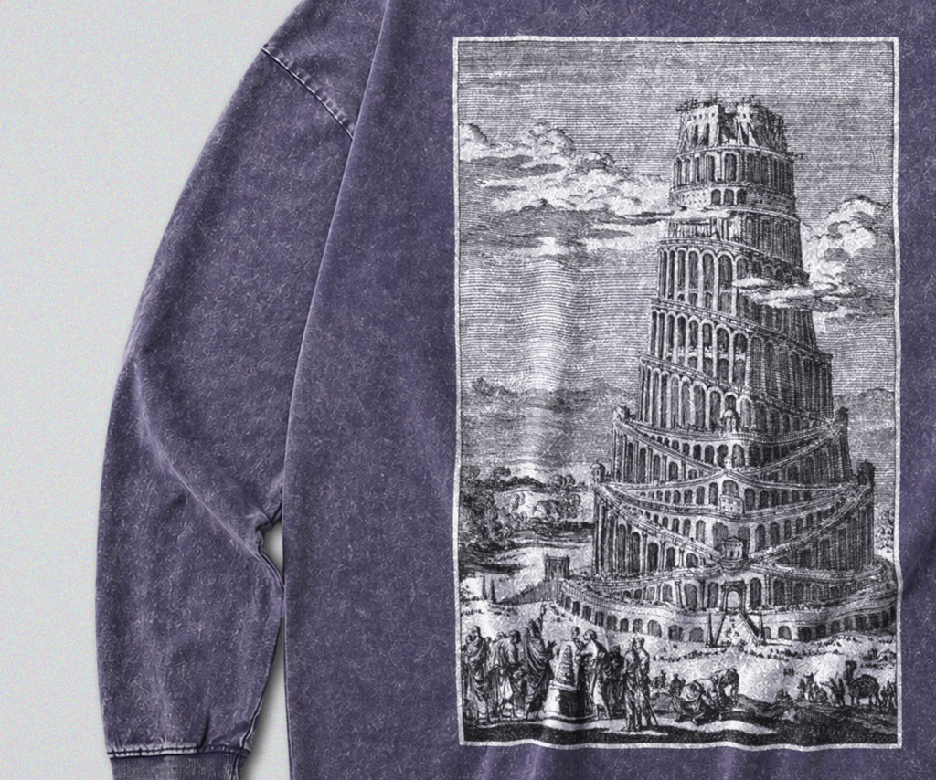 Oversized Snow Washed Long Sleeve Cotton Tee - Gothic Tower of Babel Print