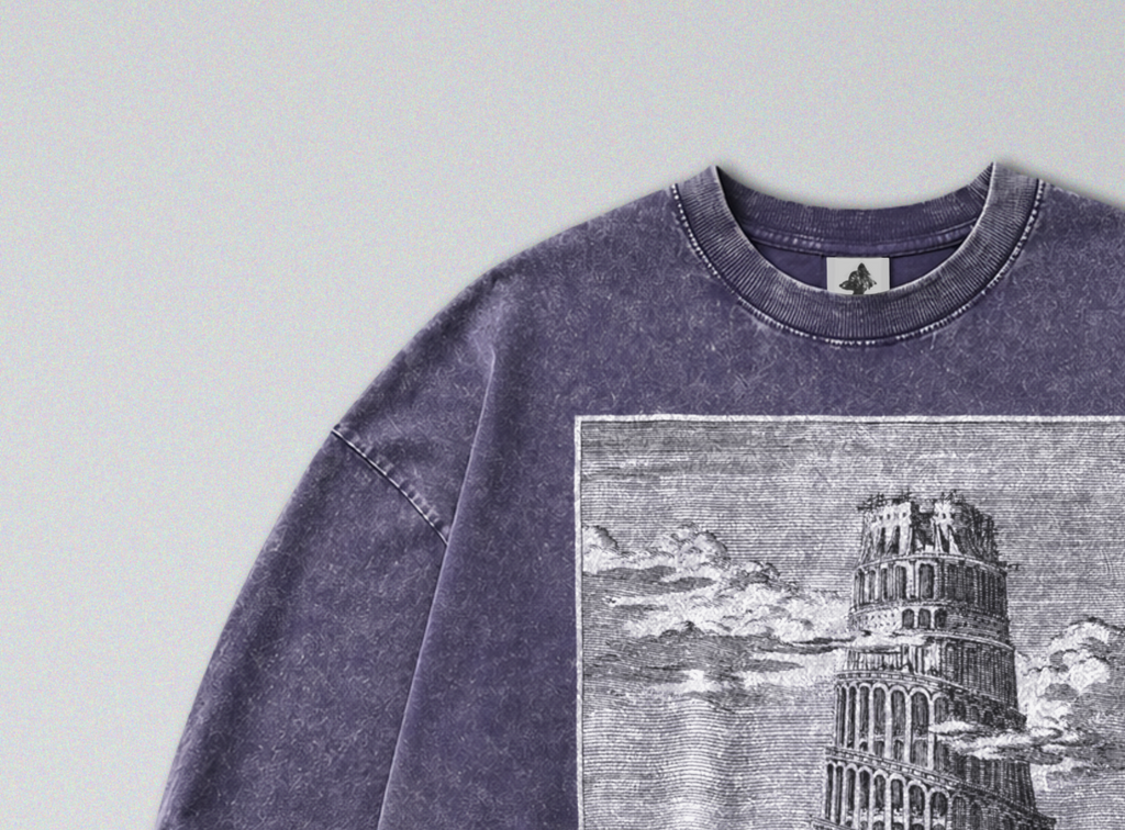 Oversized Snow Washed Long Sleeve Cotton Tee - Gothic Tower of Babel Print