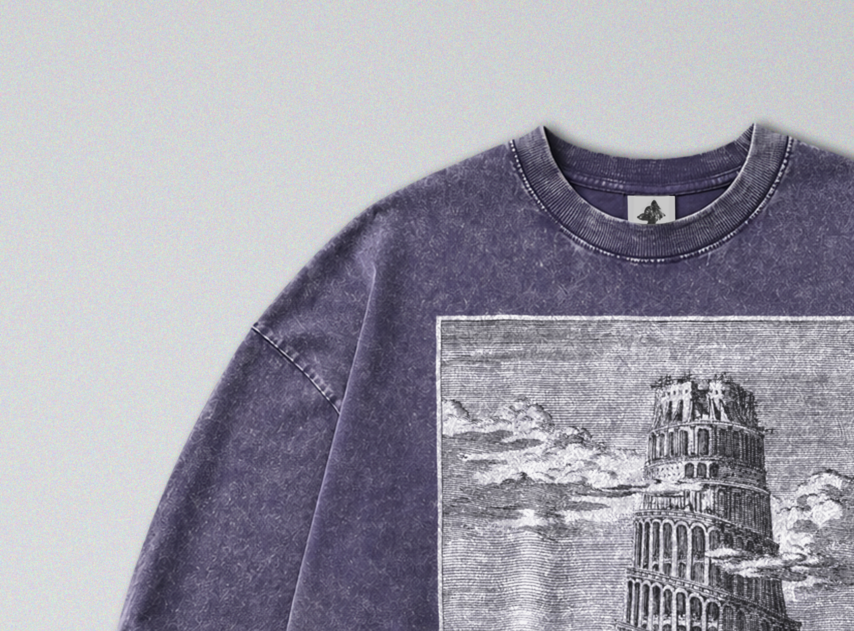 Oversized Snow Washed Long Sleeve Cotton Tee - Gothic Tower of Babel Print