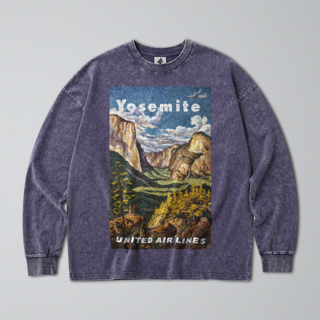 Oversized Snow Washed Long Sleeve Cotton Tee - Yosemite National Park Print