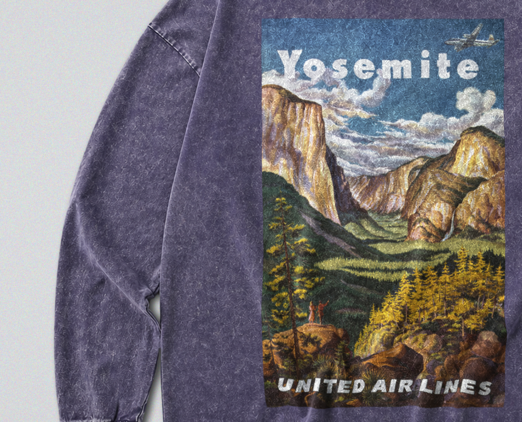 Oversized Snow Washed Long Sleeve Cotton Tee - Yosemite National Park Print