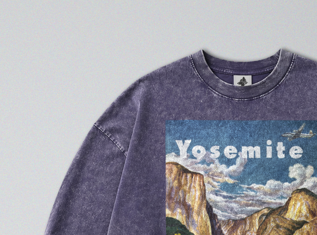 Oversized Snow Washed Long Sleeve Cotton Tee - Yosemite National Park Print