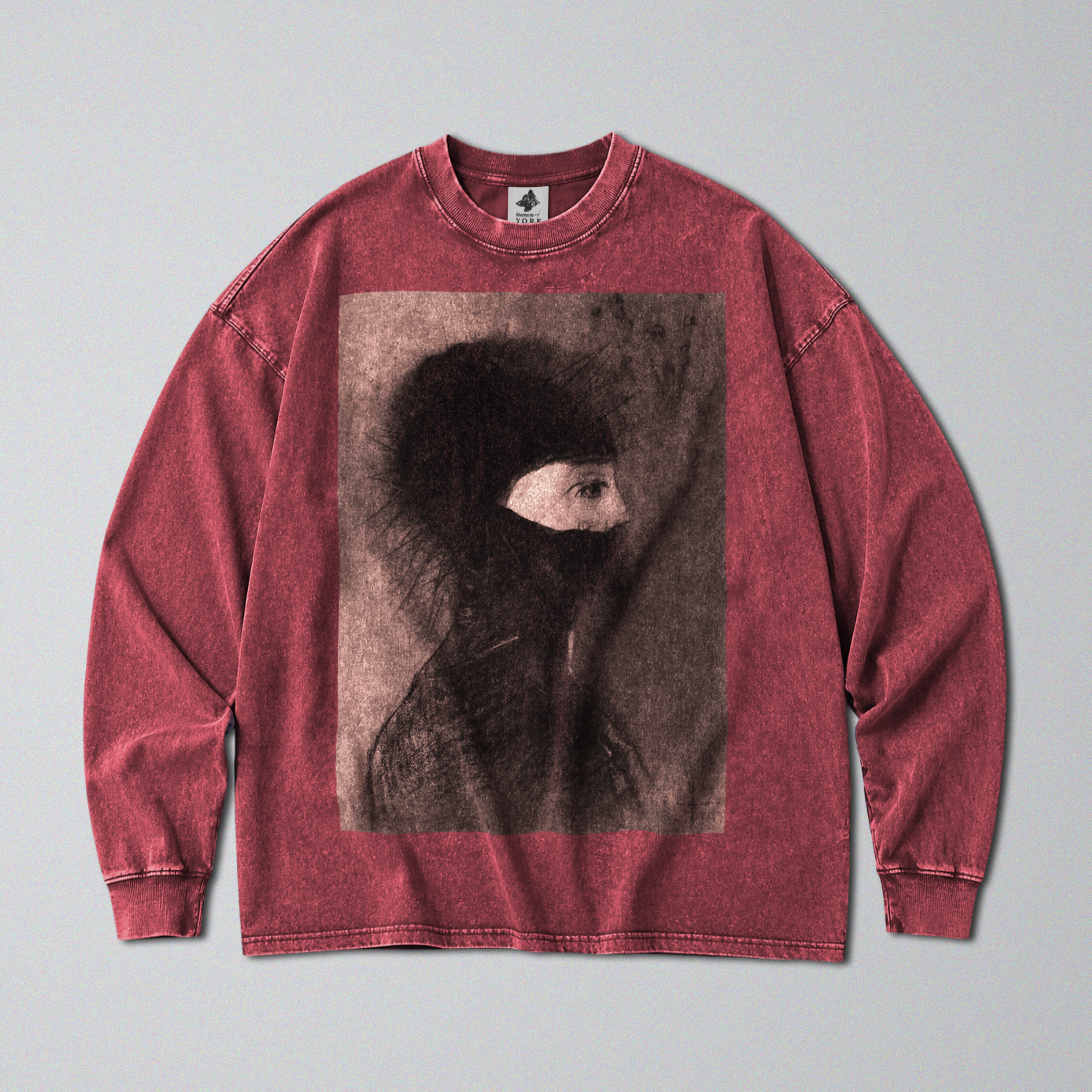 Oversized Snow Washed Long Sleeve Cotton Tee - Nightmarish Odilon Redon Print
