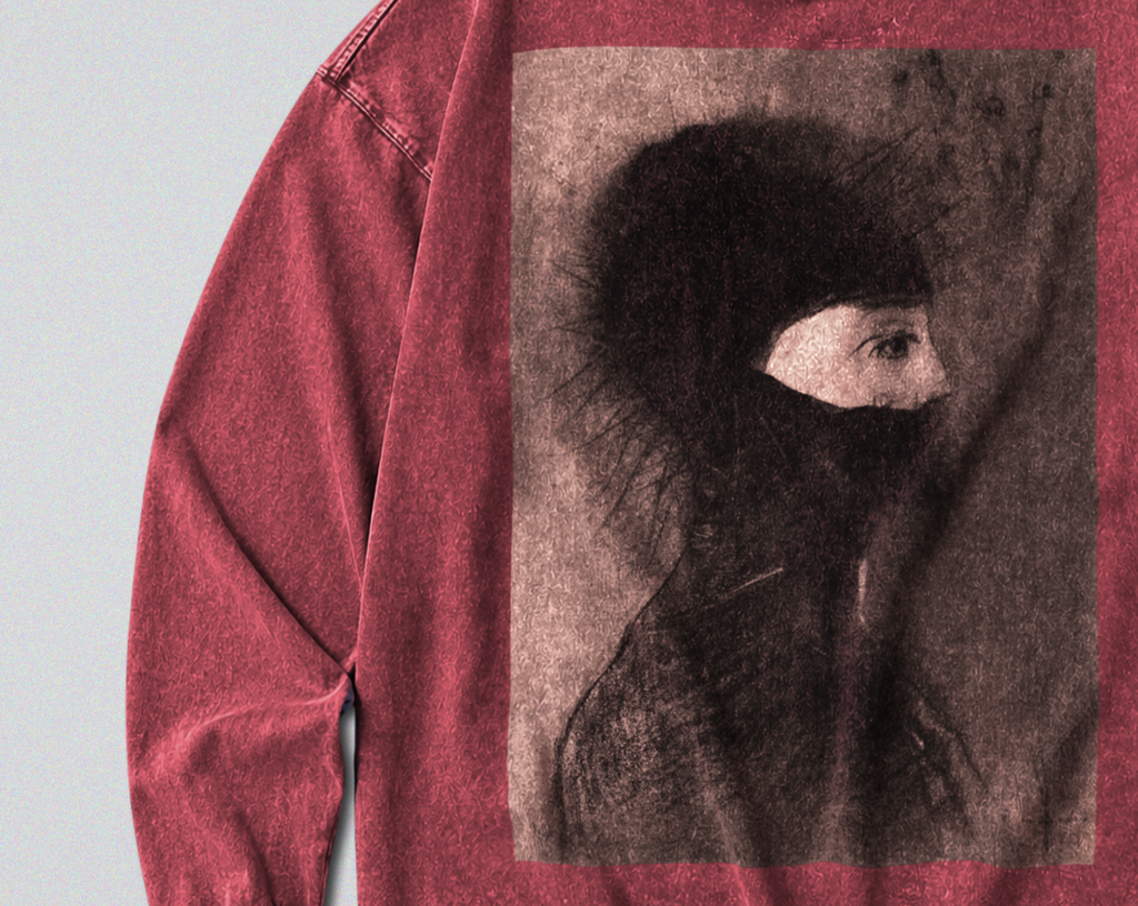 Oversized Snow Washed Long Sleeve Cotton Tee - Nightmarish Odilon Redon Print