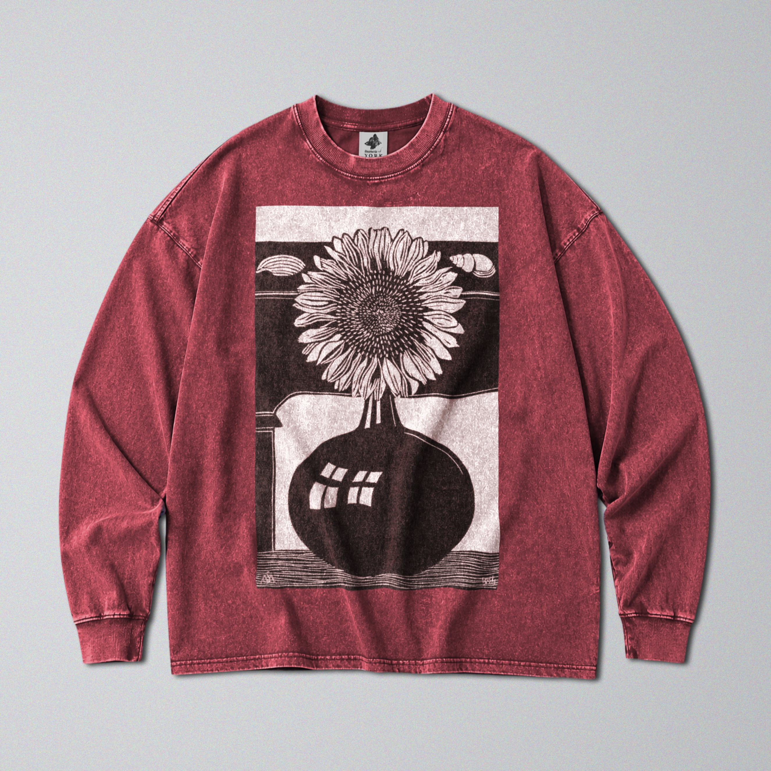 Oversized Snow Washed Long Sleeve Cotton Tee - Black & White Sunflower Print