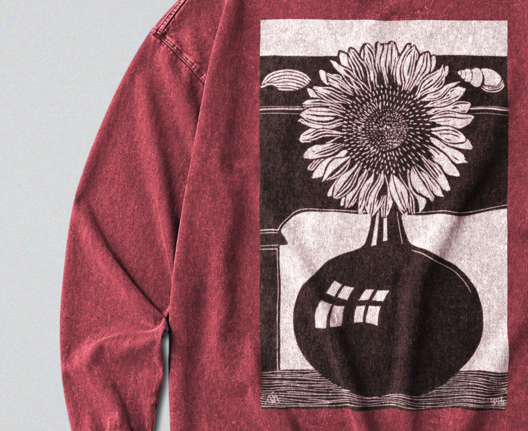 Oversized Snow Washed Long Sleeve Cotton Tee - Black & White Sunflower Print