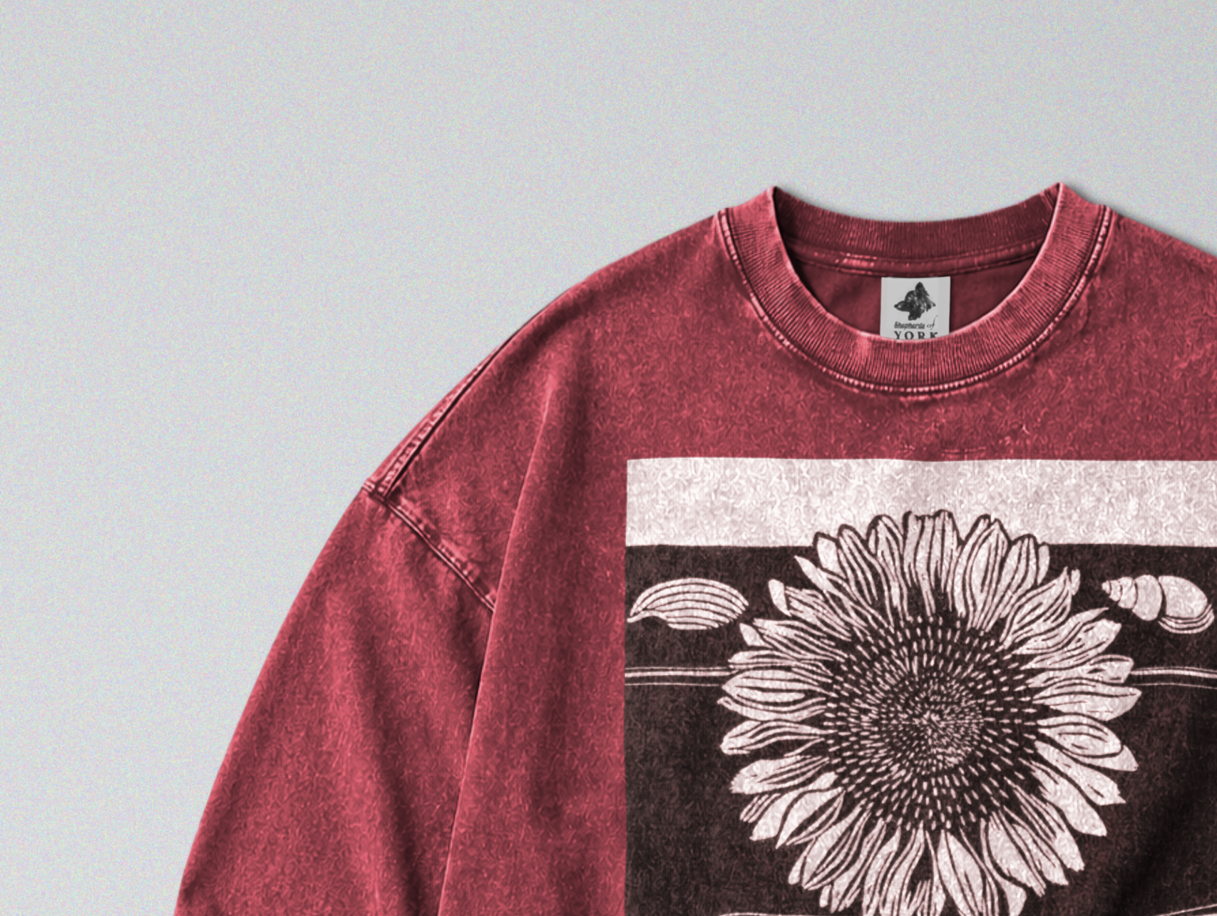 Oversized Snow Washed Long Sleeve Cotton Tee - Black & White Sunflower Print