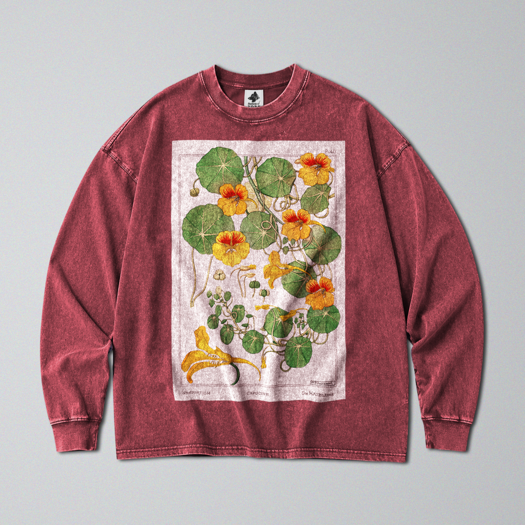 Oversized Snow Washed Long Sleeve Cotton Tee - Colorful Capucine Flowers Print