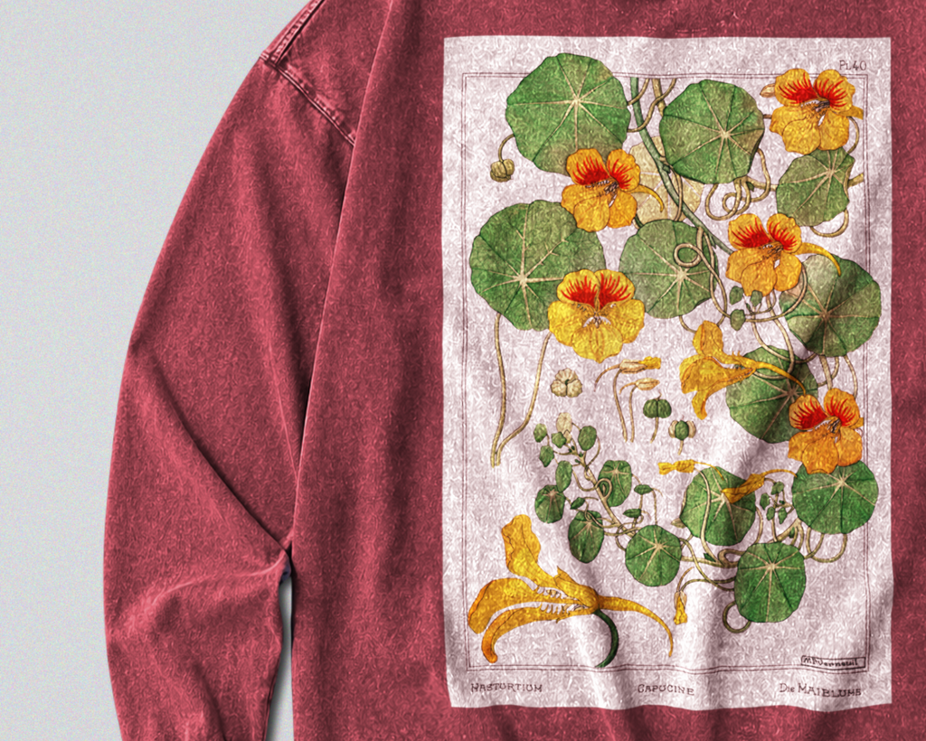 Oversized Snow Washed Long Sleeve Cotton Tee - Colorful Capucine Flowers Print