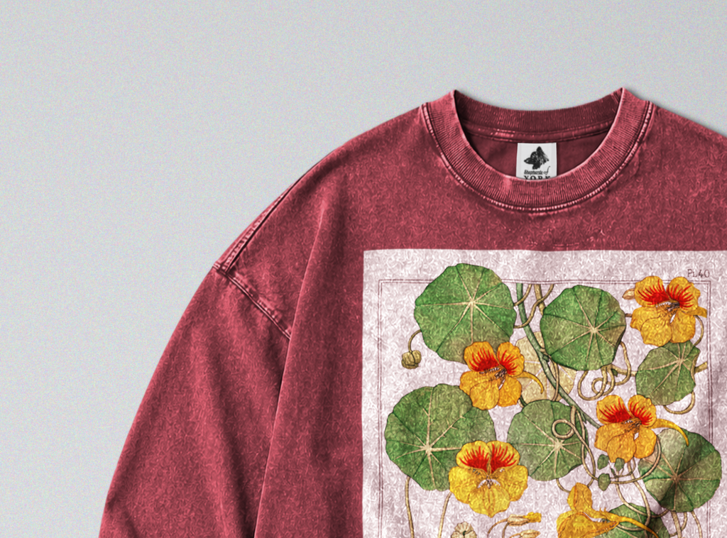 Oversized Snow Washed Long Sleeve Cotton Tee - Colorful Capucine Flowers Print