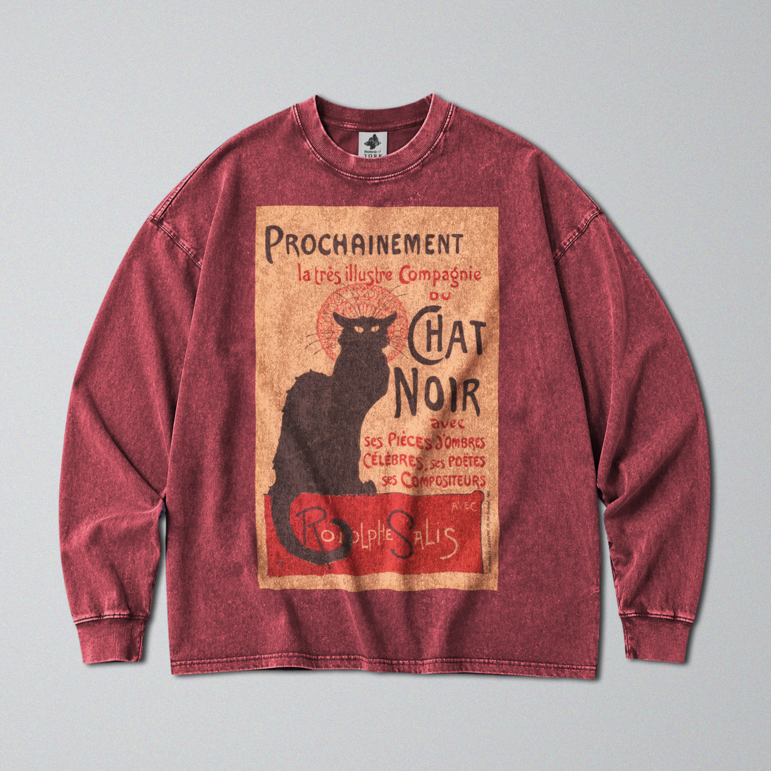 Oversized Snow Washed Long Sleeve Cotton Tee - Chat Noir Print