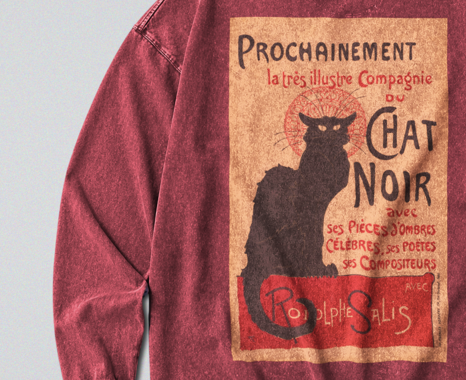 Oversized Snow Washed Long Sleeve Cotton Tee - Chat Noir Print