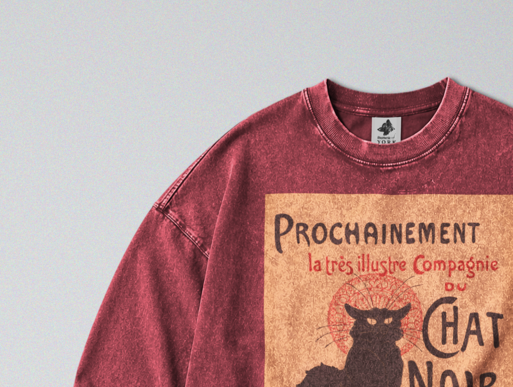 Oversized Snow Washed Long Sleeve Cotton Tee - Chat Noir Print