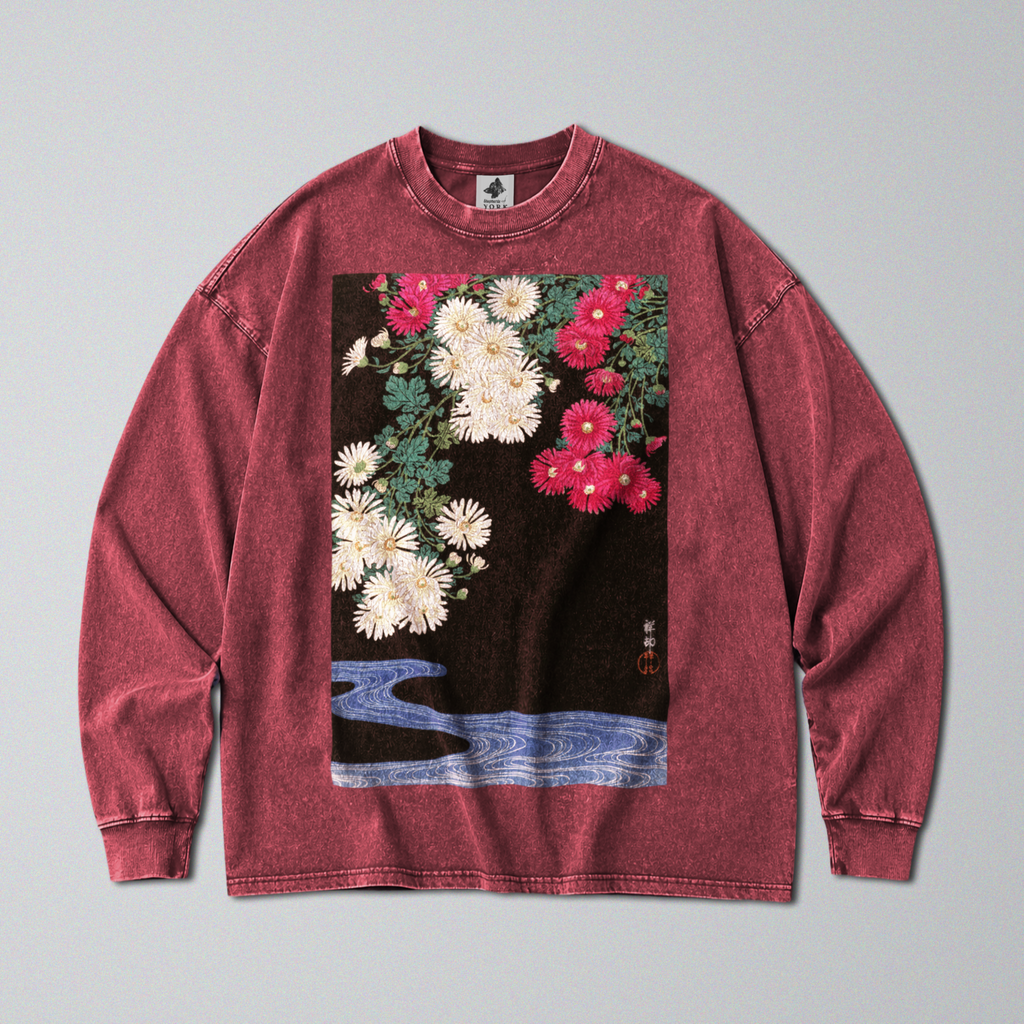 Oversized Snow Washed Long Sleeve Cotton Tee - Japanese Chrysanthemums Print