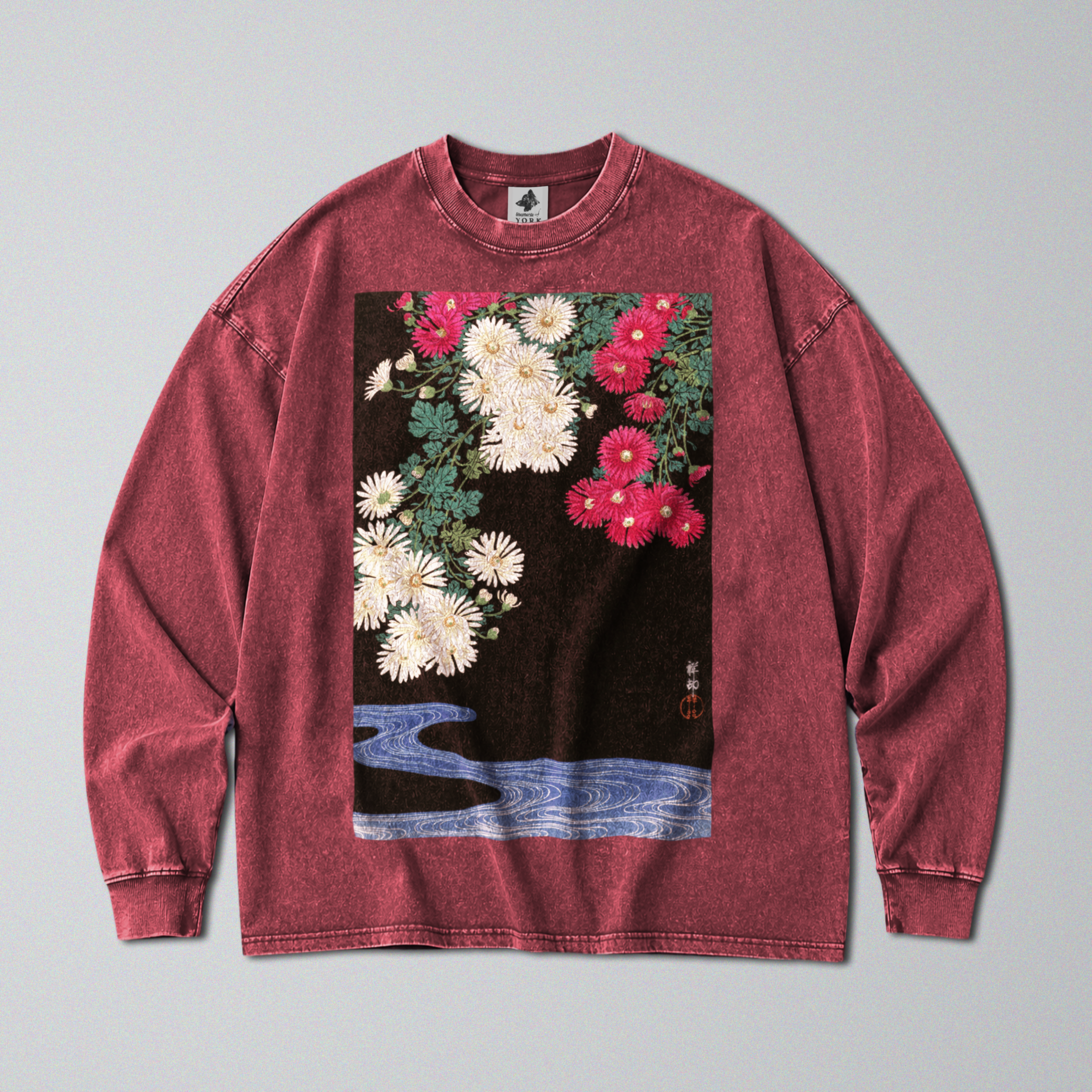 Oversized Snow Washed Long Sleeve Cotton Tee - Japanese Chrysanthemums Print