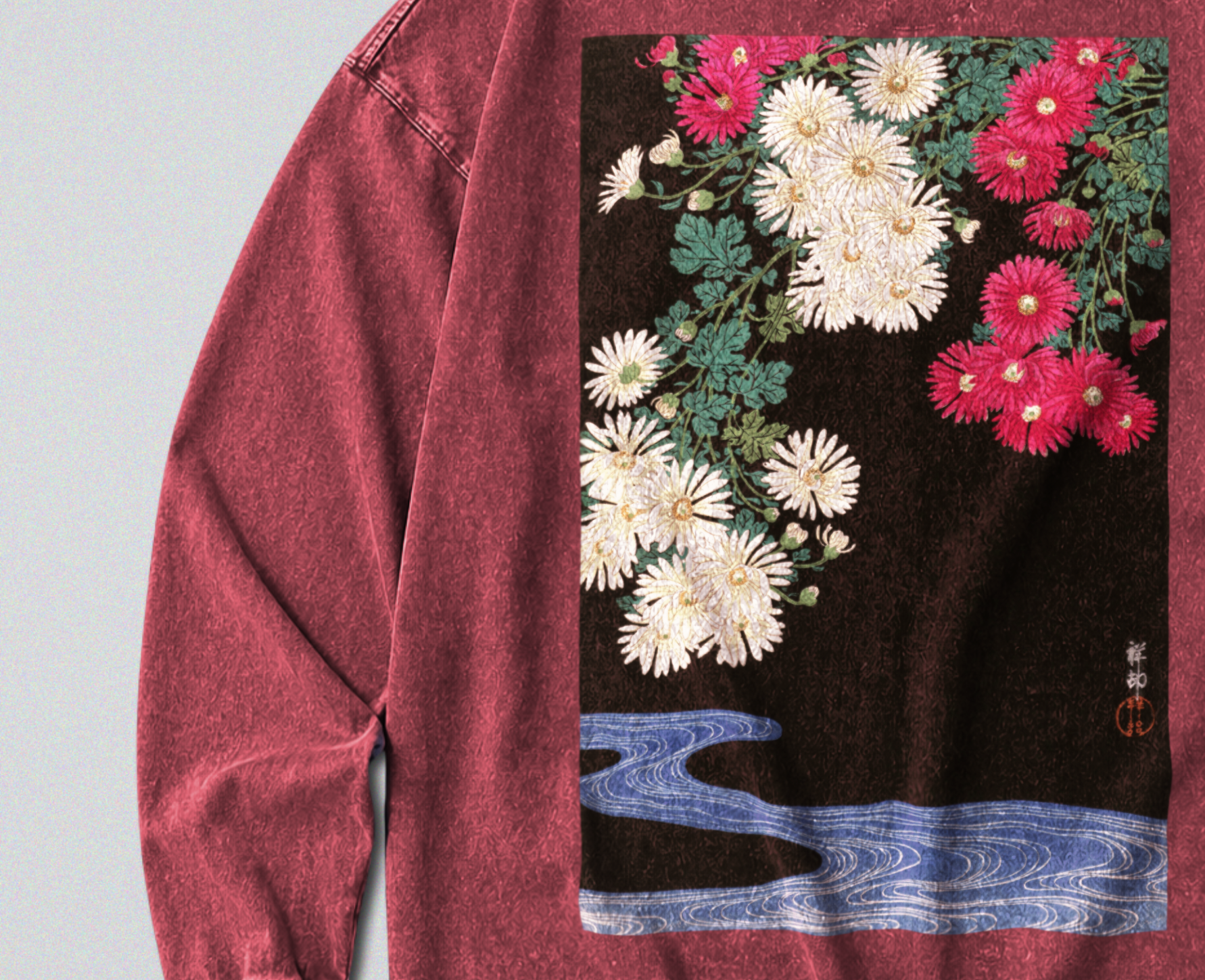Oversized Snow Washed Long Sleeve Cotton Tee - Japanese Chrysanthemums Print