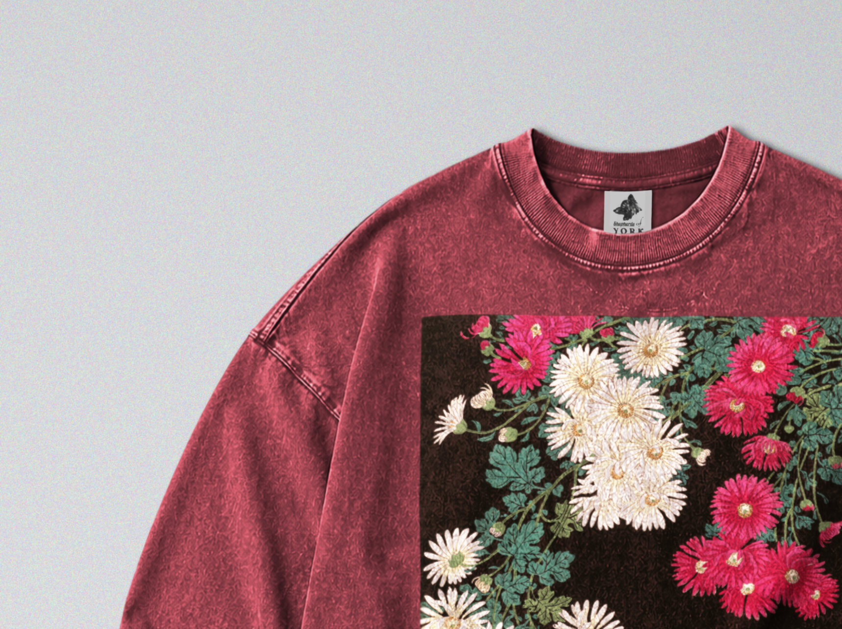 Oversized Snow Washed Long Sleeve Cotton Tee - Japanese Chrysanthemums Print