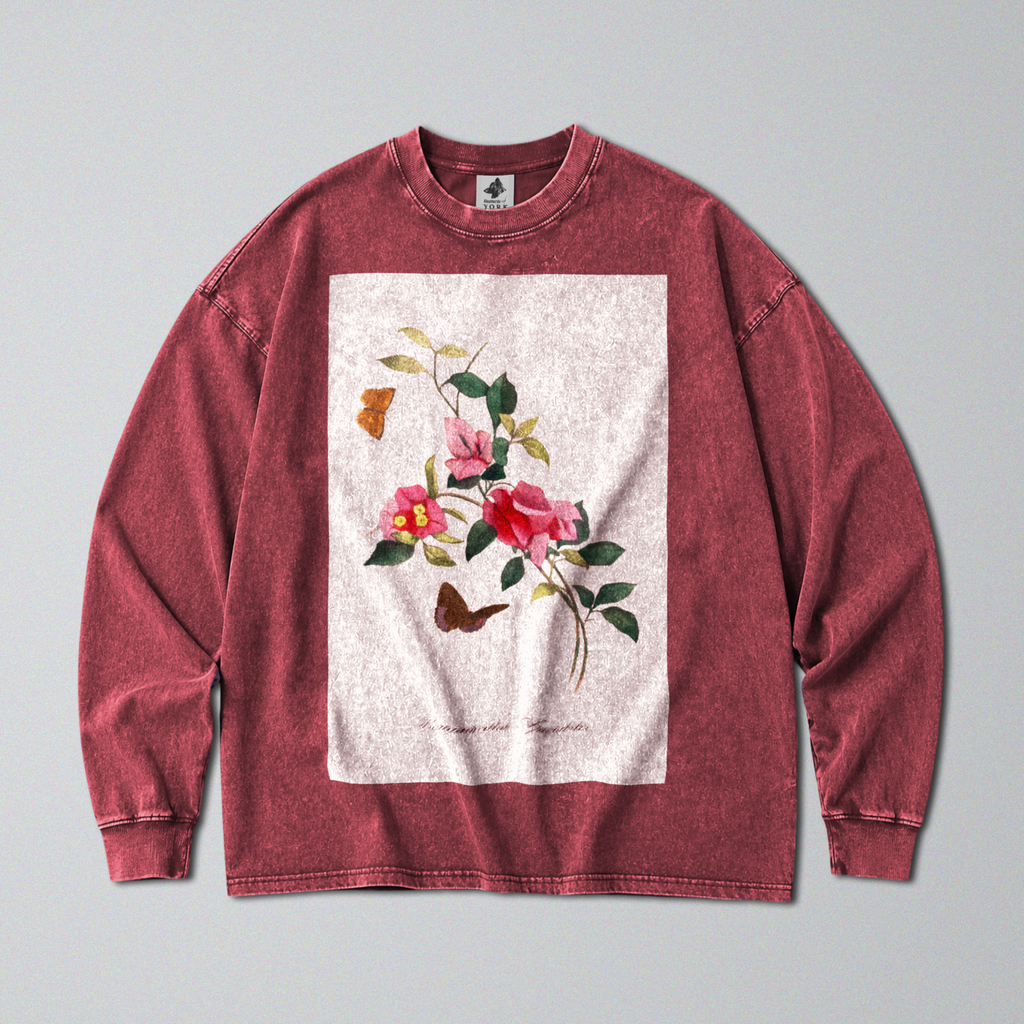 Oversized Snow Washed Long Sleeve Cotton Tee - Colorful Flower Stem Print