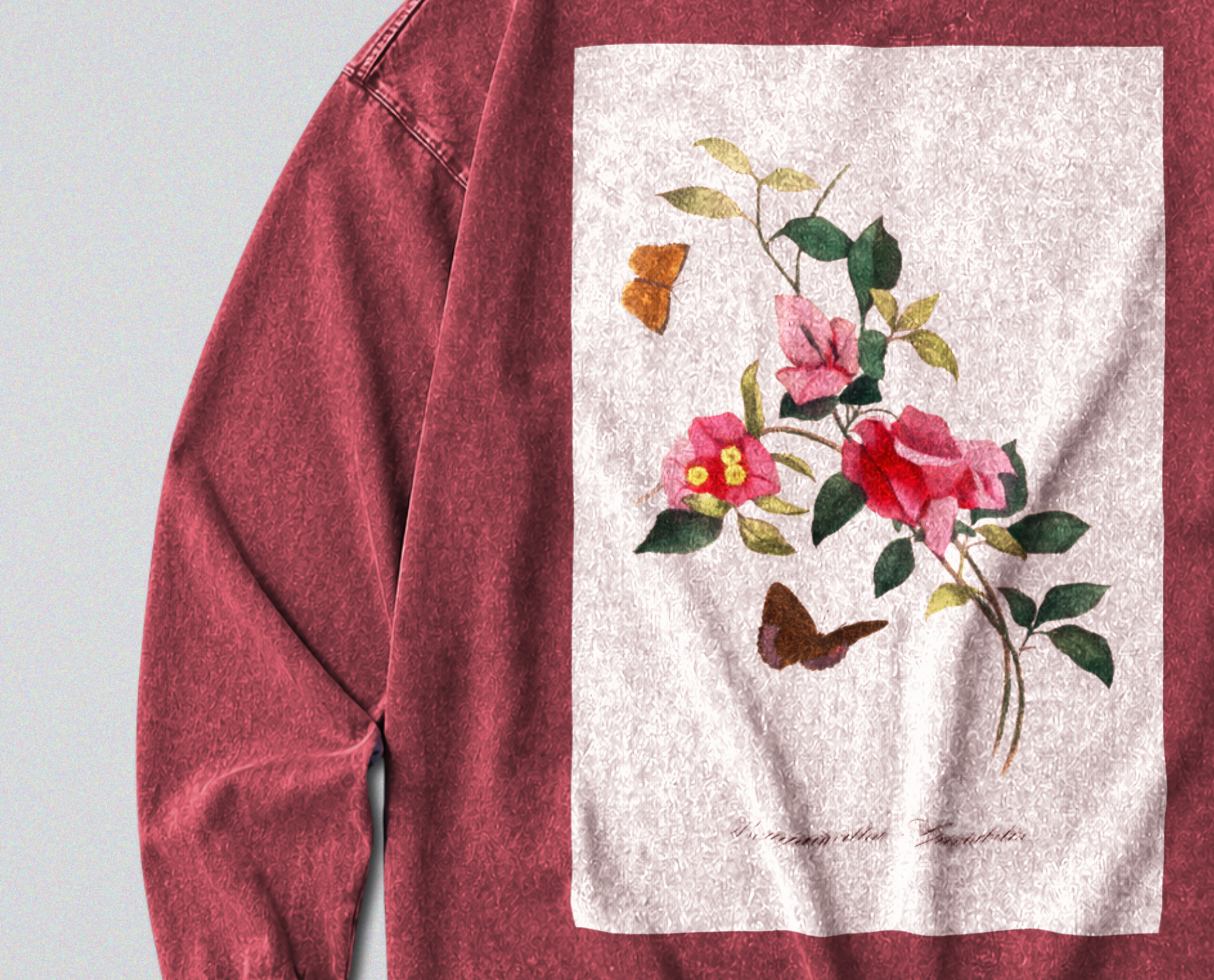 Oversized Snow Washed Long Sleeve Cotton Tee - Colorful Flower Stem Print