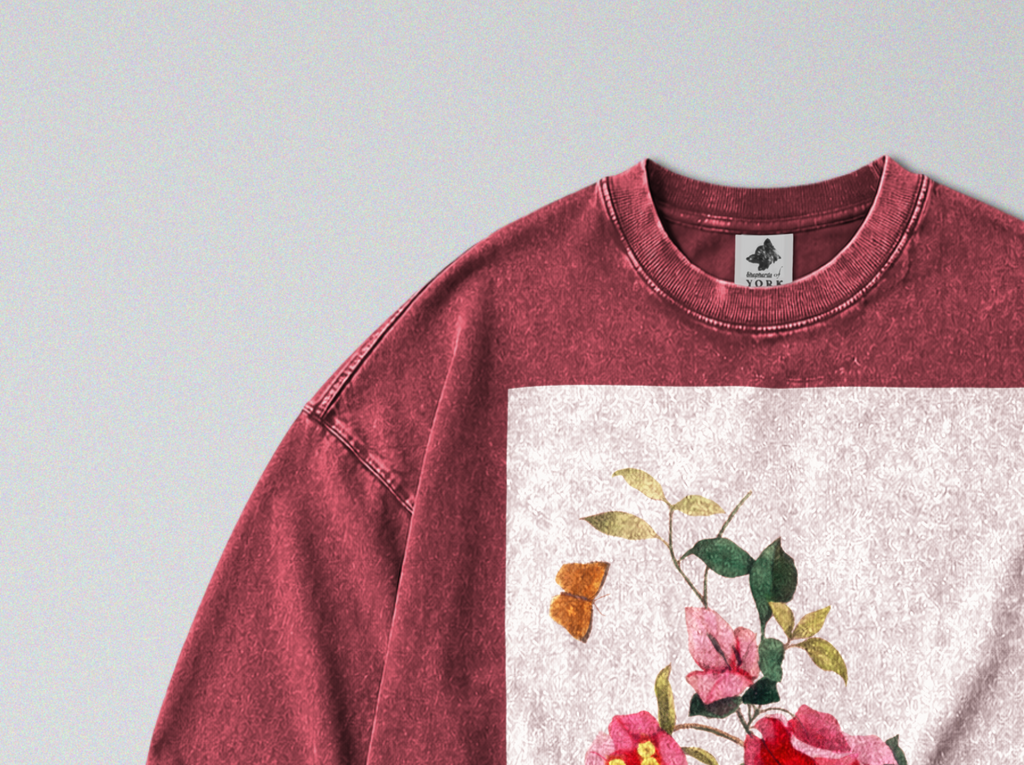 Oversized Snow Washed Long Sleeve Cotton Tee - Colorful Flower Stem Print