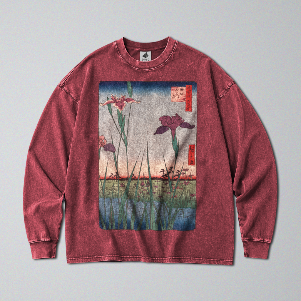 Oversized Snow Washed Long Sleeve Cotton Tee - Japanese Iris Flower Garden Print