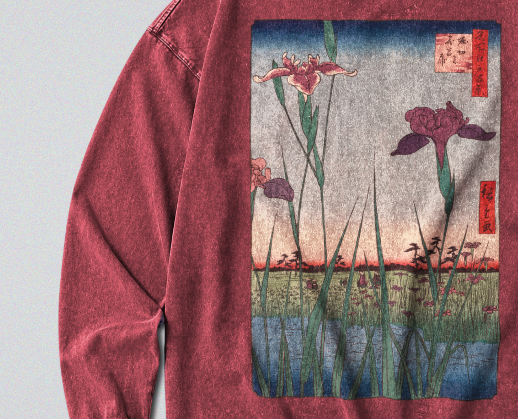 Oversized Snow Washed Long Sleeve Cotton Tee - Japanese Iris Flower Garden Print