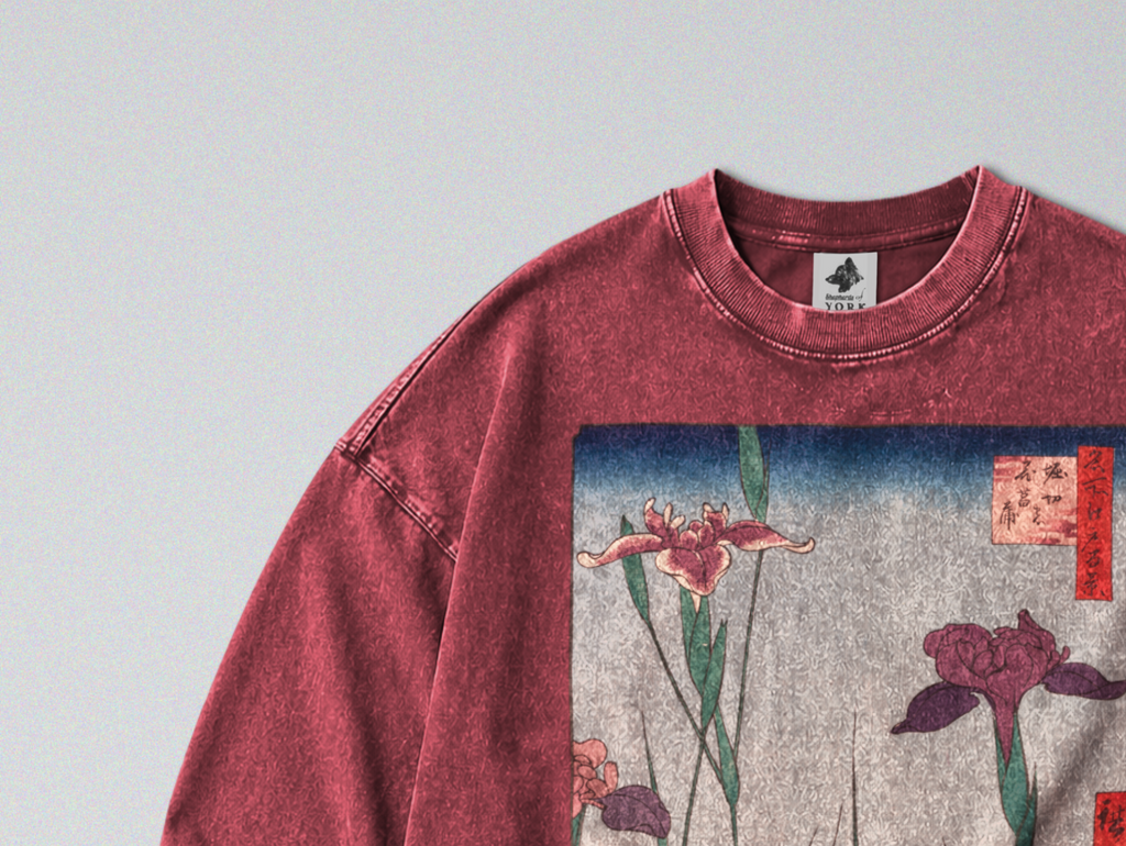 Oversized Snow Washed Long Sleeve Cotton Tee - Japanese Iris Flower Garden Print