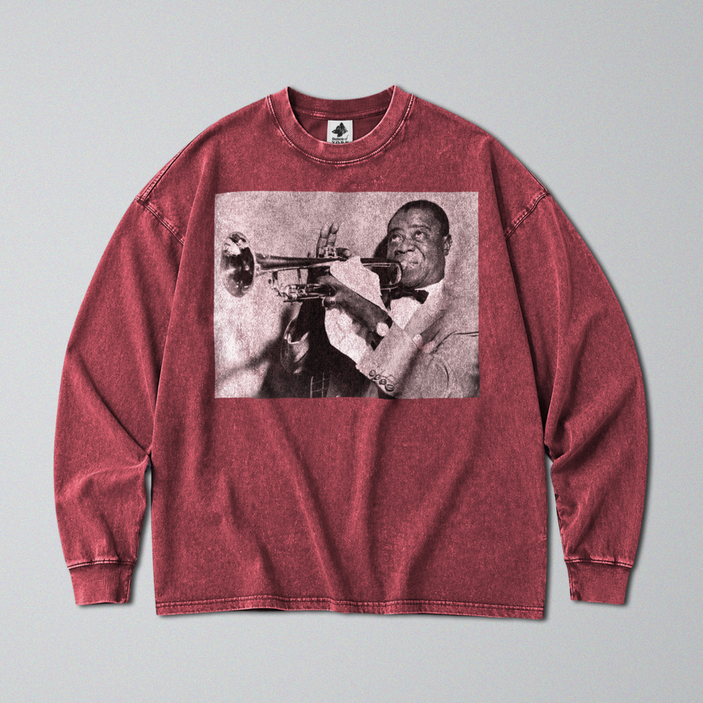Oversized Snow Washed Long Sleeve Cotton Tee - Louis Armstrong Print