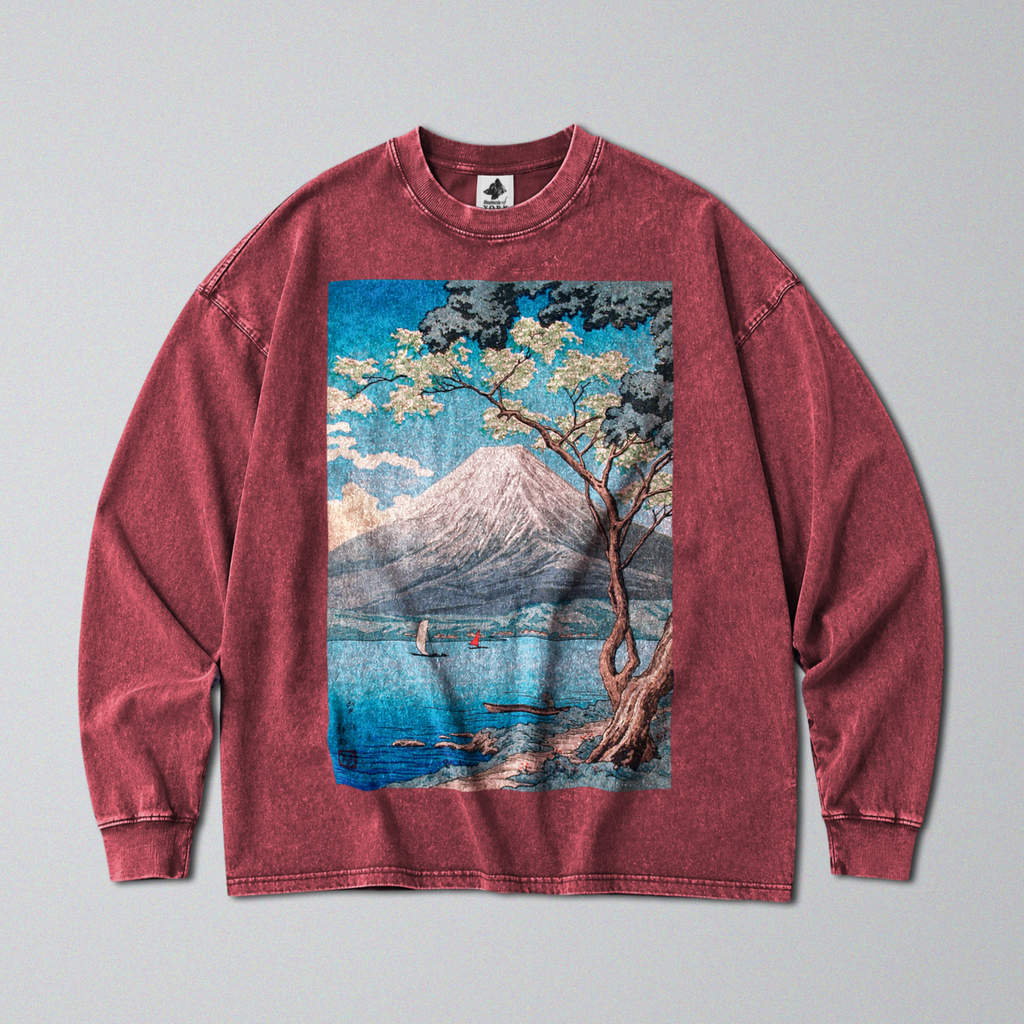 Oversized Snow Washed Long Sleeve Cotton Tee - Japan's Mt Fuji Landscape Print
