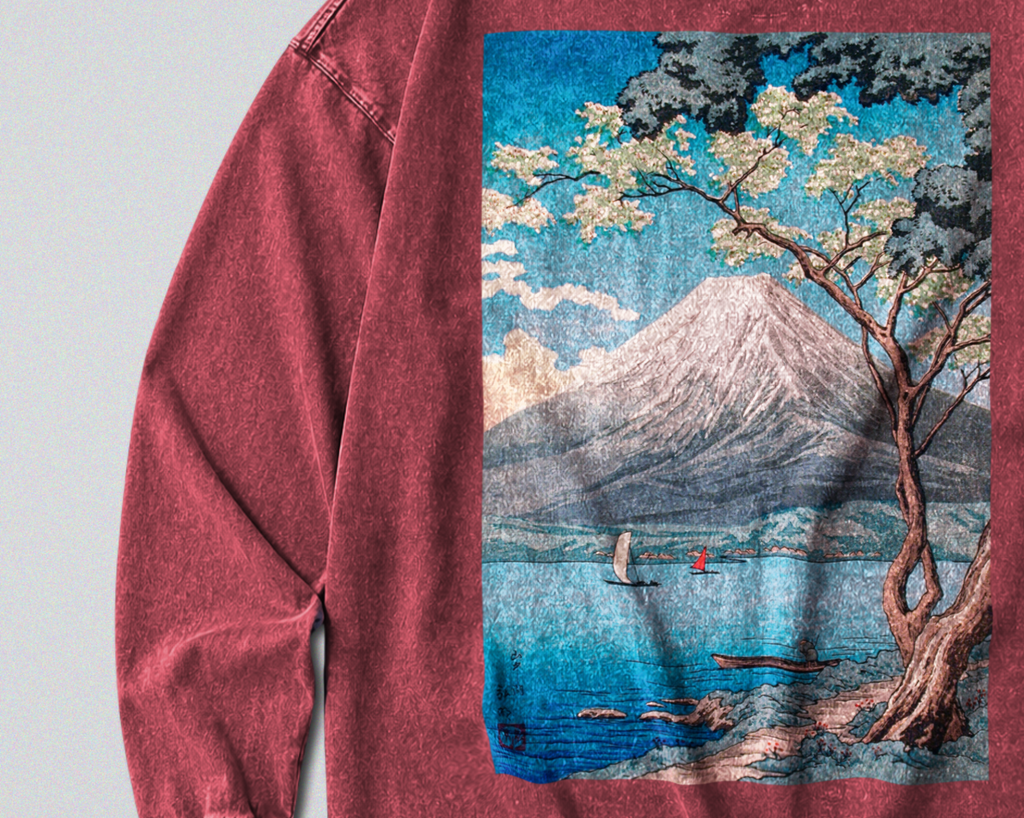 Oversized Snow Washed Long Sleeve Cotton Tee - Japan's Mt Fuji Landscape Print