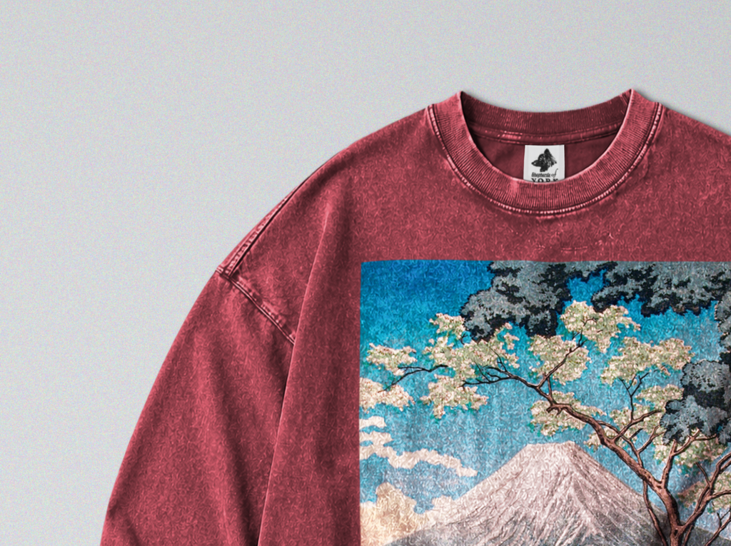 Oversized Snow Washed Long Sleeve Cotton Tee - Japan's Mt Fuji Landscape Print