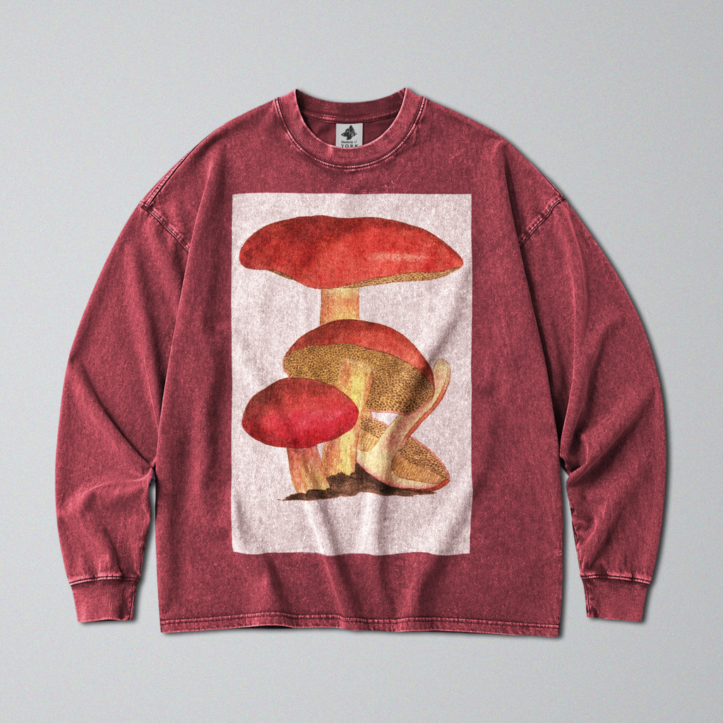Oversized Snow Washed Long Sleeve Cotton Tee - Cottagecore Mushrooms Print