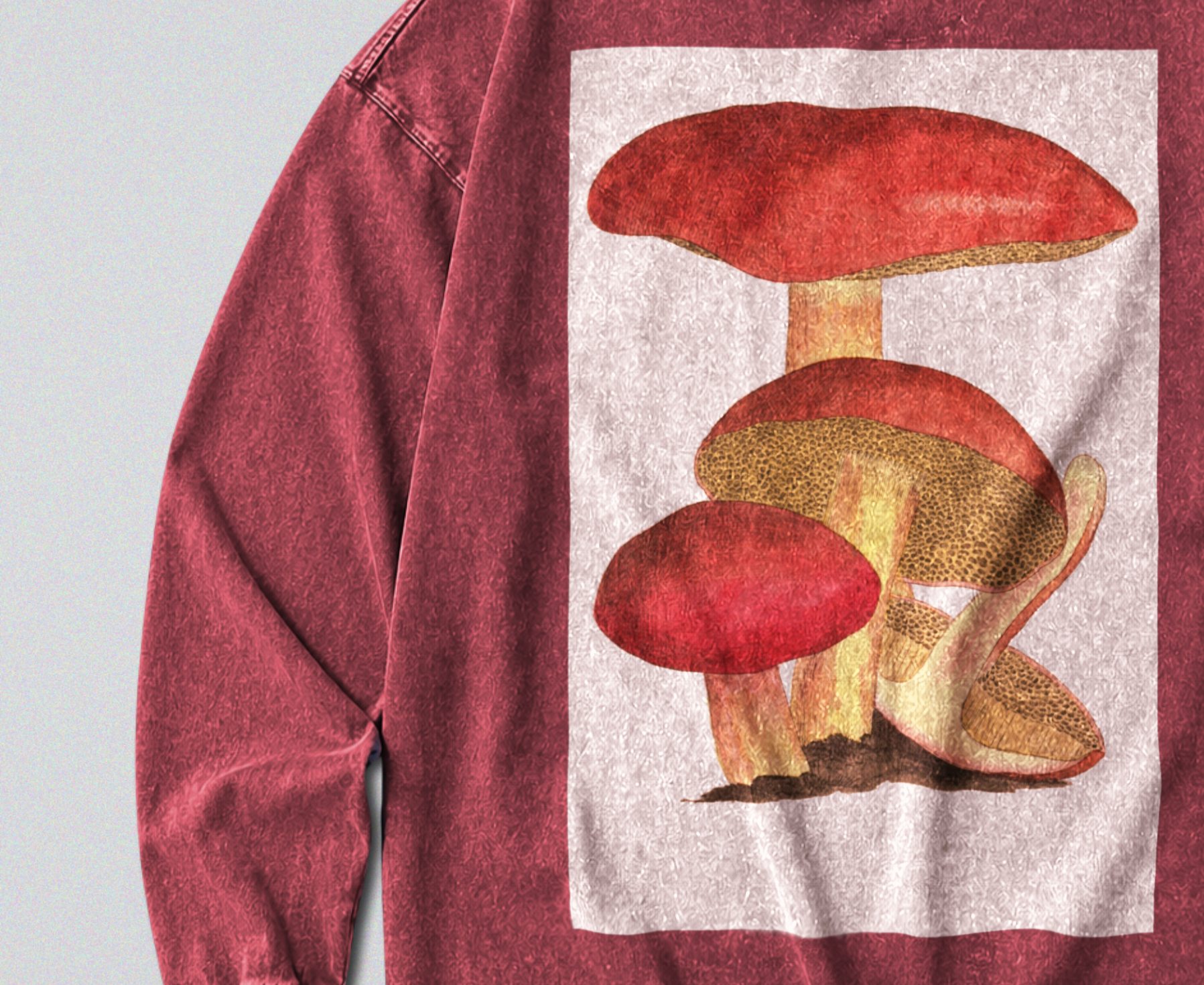 Oversized Snow Washed Long Sleeve Cotton Tee - Cottagecore Mushrooms Print