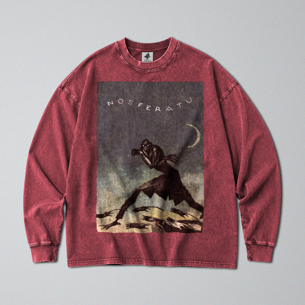 Oversized Snow Washed Long Sleeve Cotton Tee - 1922 Nosferatu Movie Print