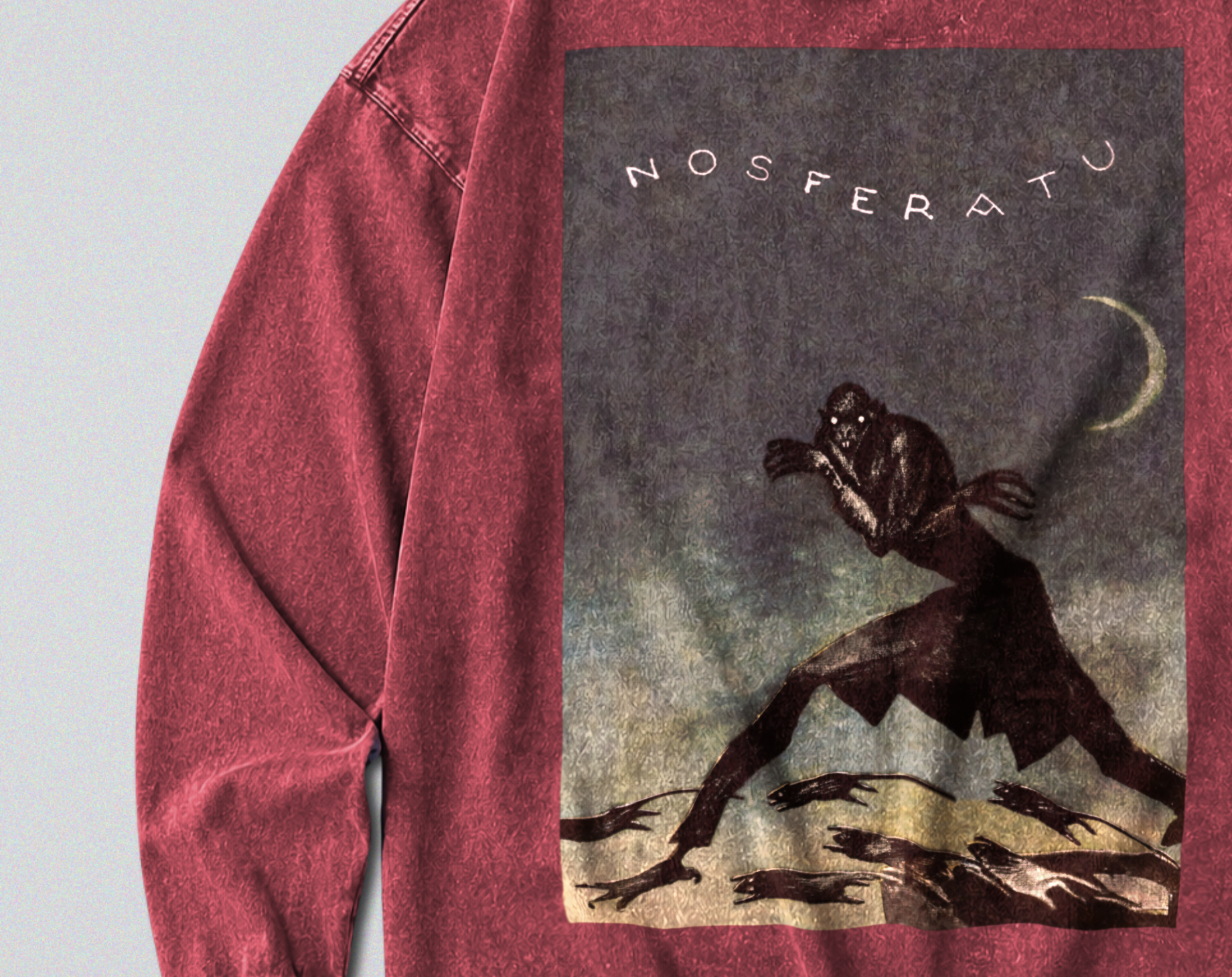 Oversized Snow Washed Long Sleeve Cotton Tee - 1922 Nosferatu Movie Print