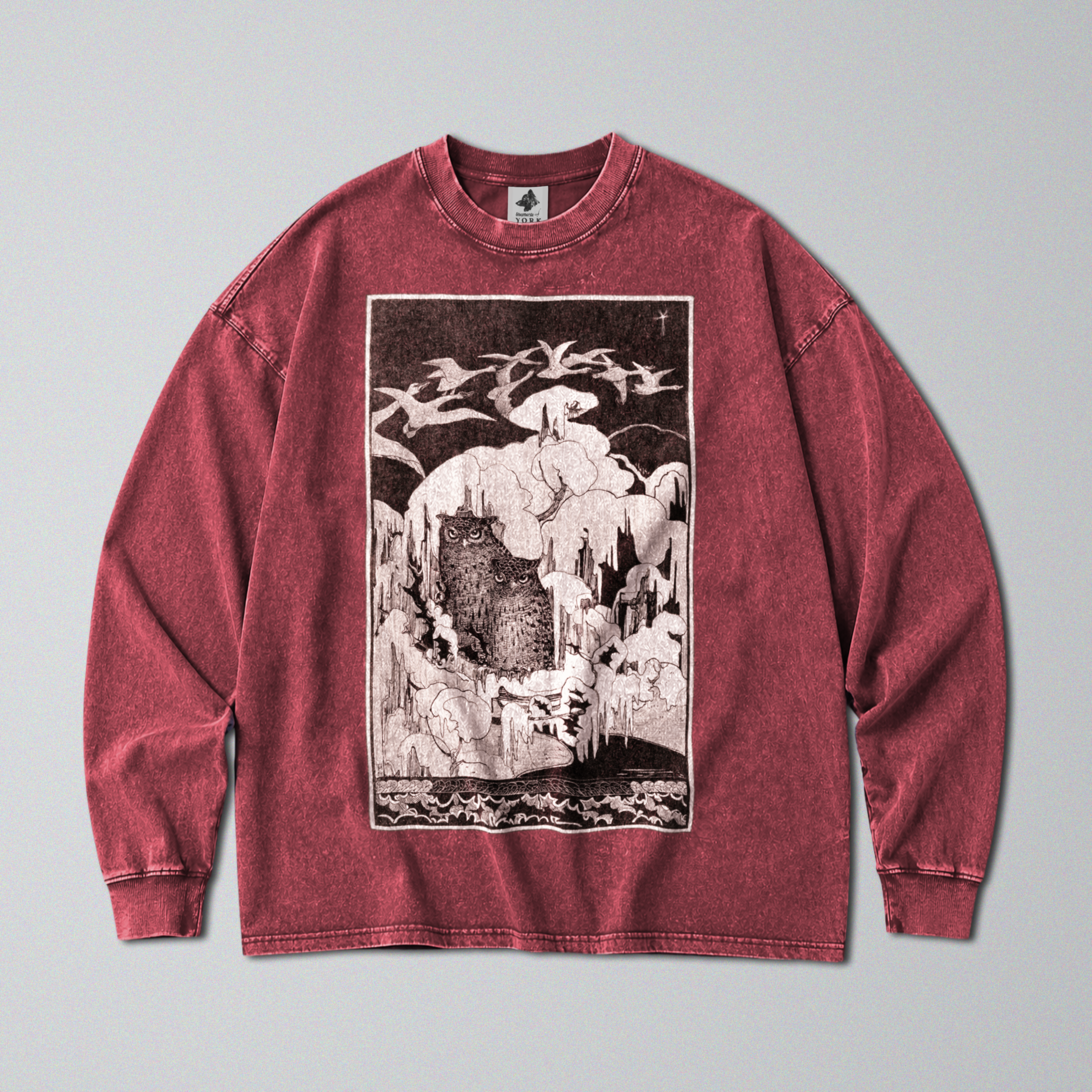 Oversized Snow Washed Long Sleeve Cotton Tee - Owls in Snow Print