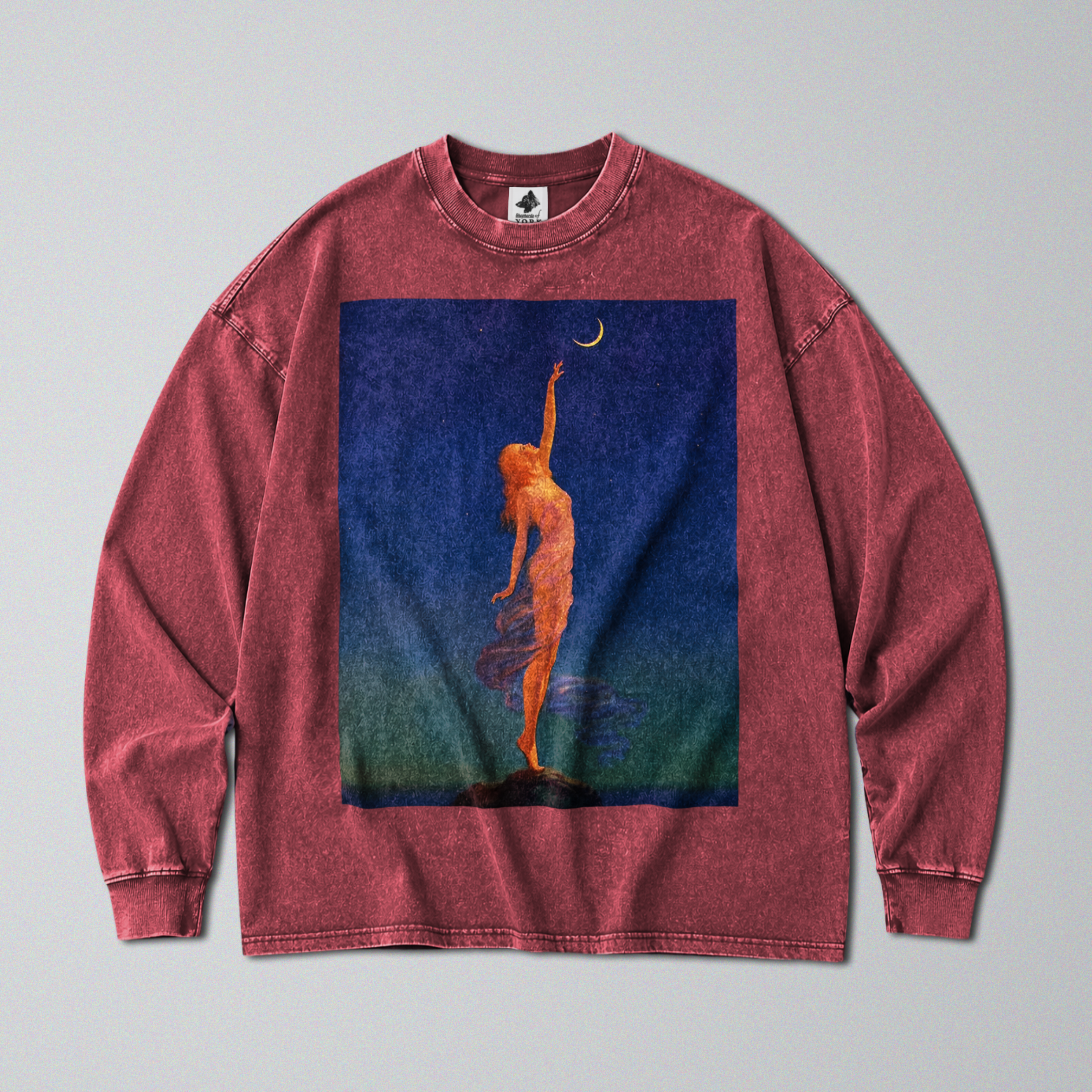 Oversized Snow Washed Long Sleeve Cotton Tee - Reach for the Moon Print