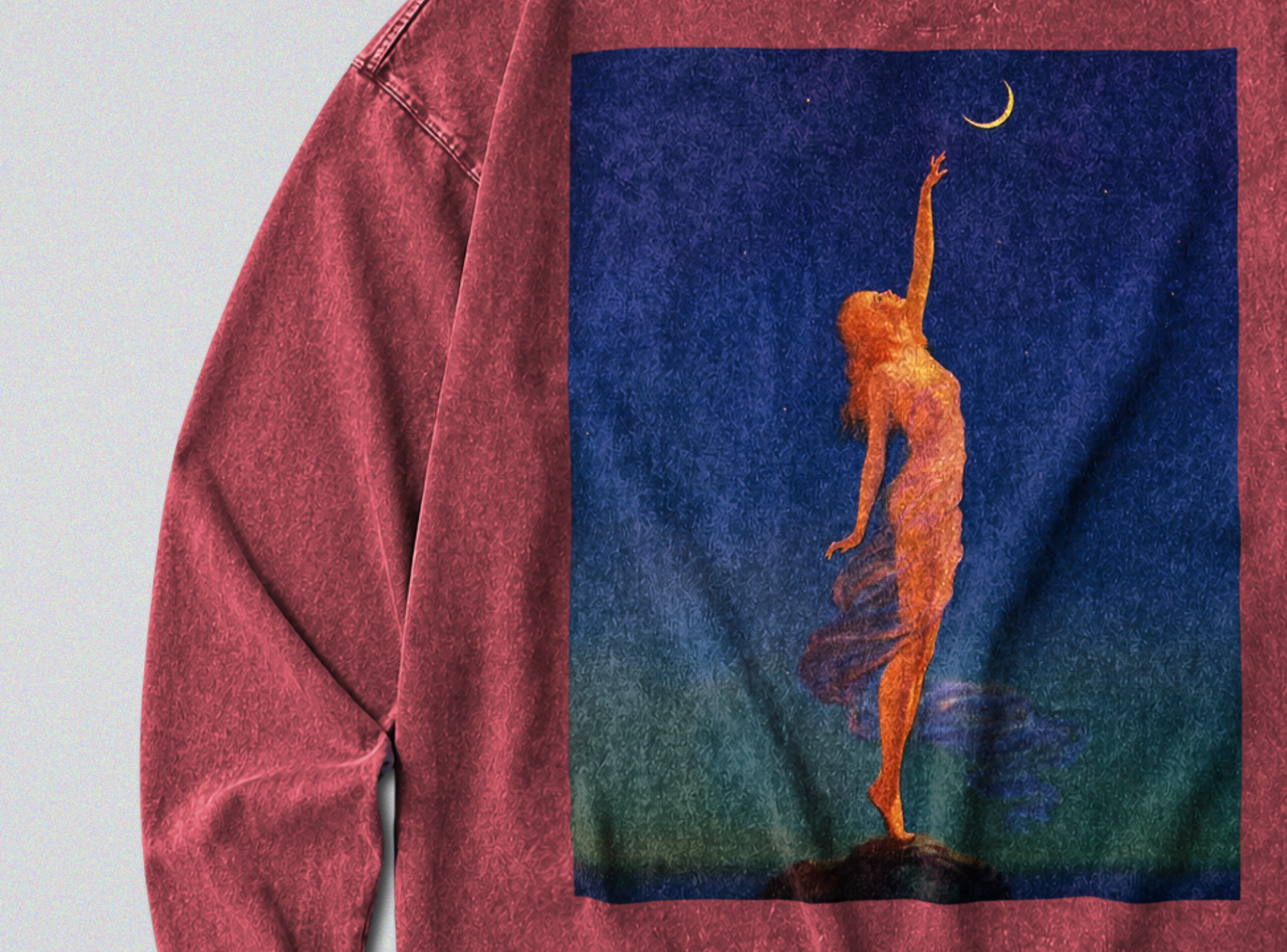 Oversized Snow Washed Long Sleeve Cotton Tee - Reach for the Moon Print