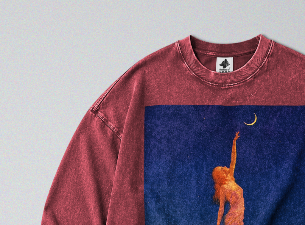 Oversized Snow Washed Long Sleeve Cotton Tee - Reach for the Moon Print
