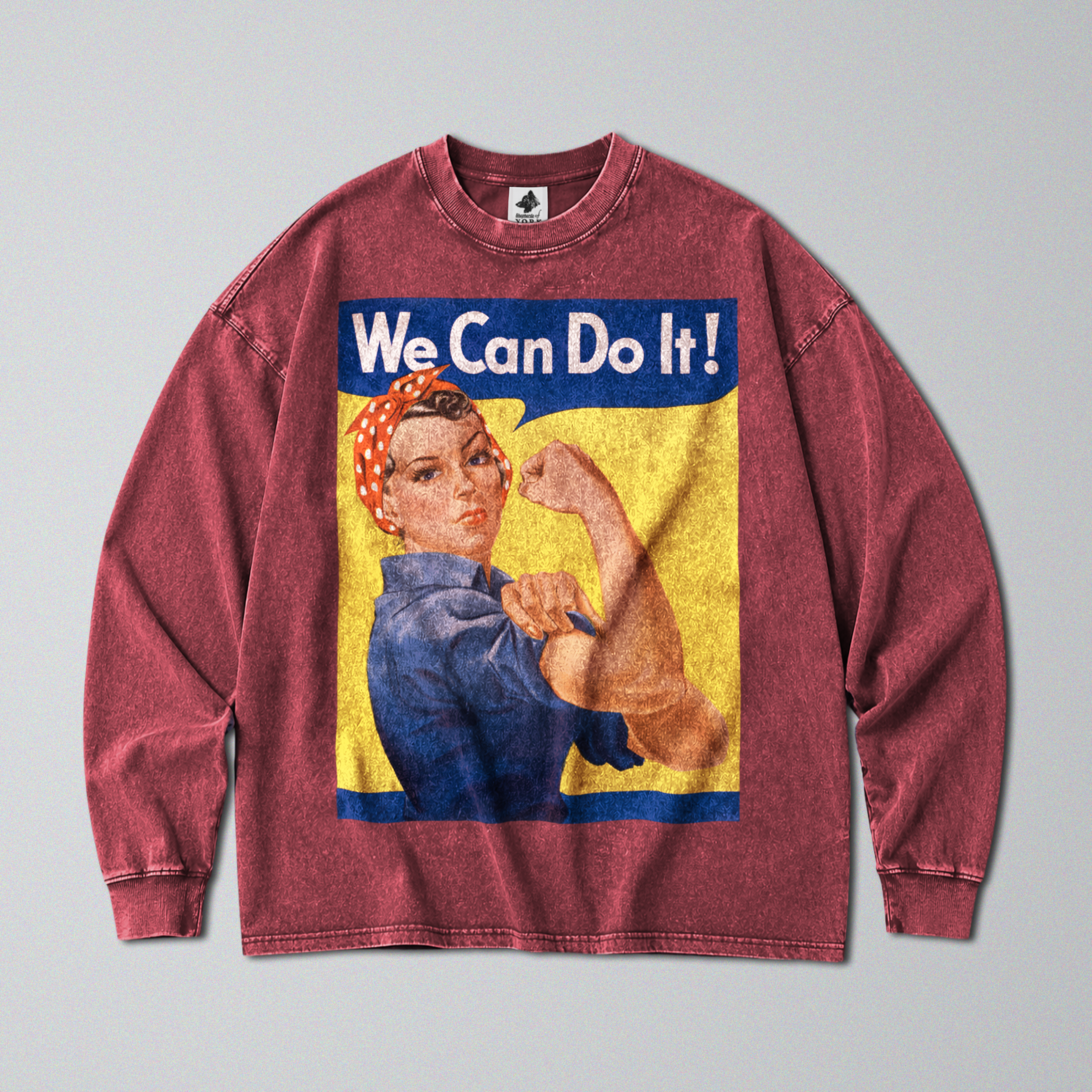 Oversized Snow Washed Long Sleeve Cotton Tee - Rosie the Riveter Print