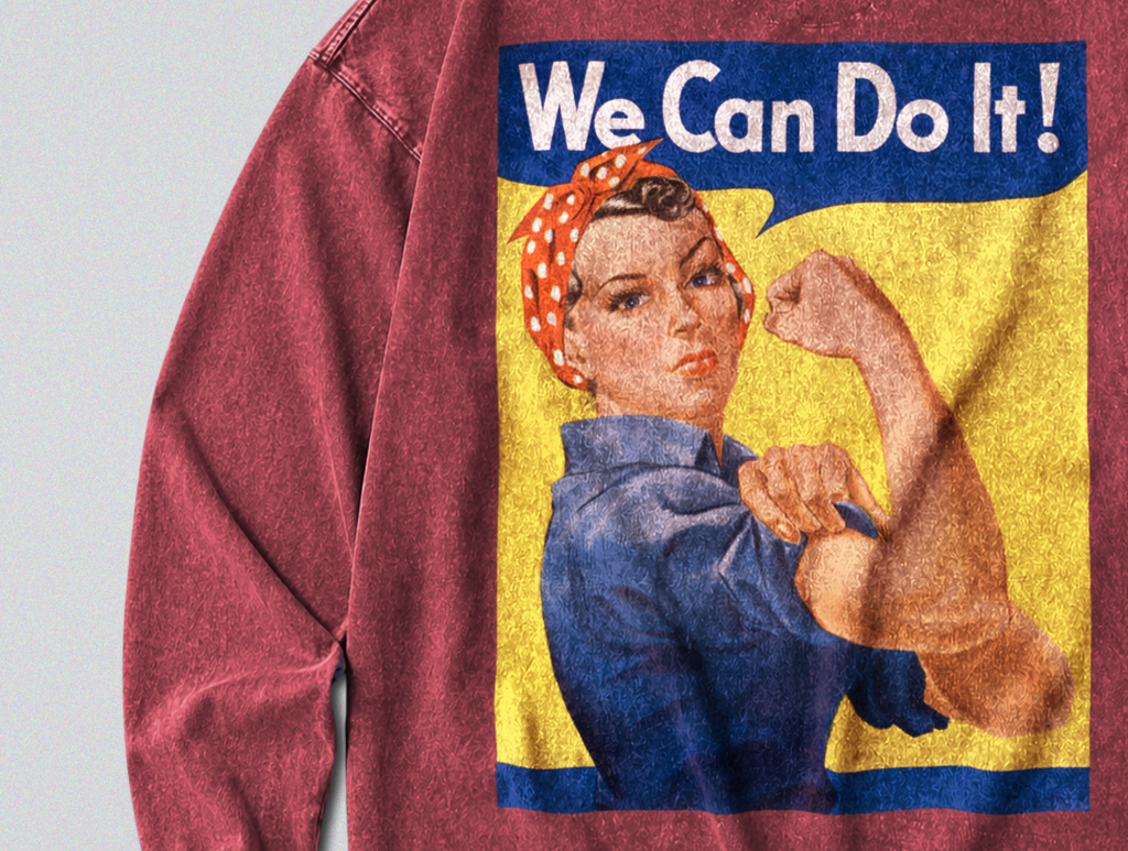 Oversized Snow Washed Long Sleeve Cotton Tee - Rosie the Riveter Print