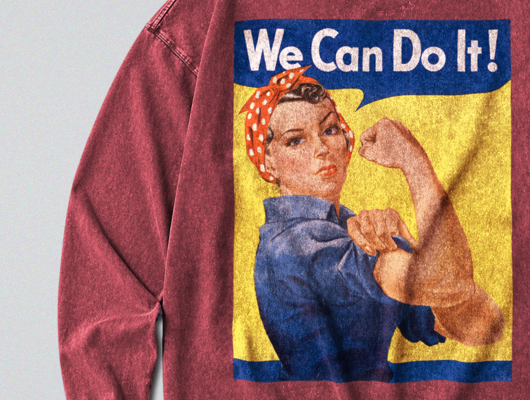 Oversized Snow Washed Long Sleeve Cotton Tee - Rosie the Riveter Print