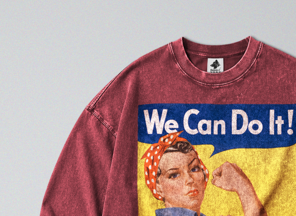 Oversized Snow Washed Long Sleeve Cotton Tee - Rosie the Riveter Print