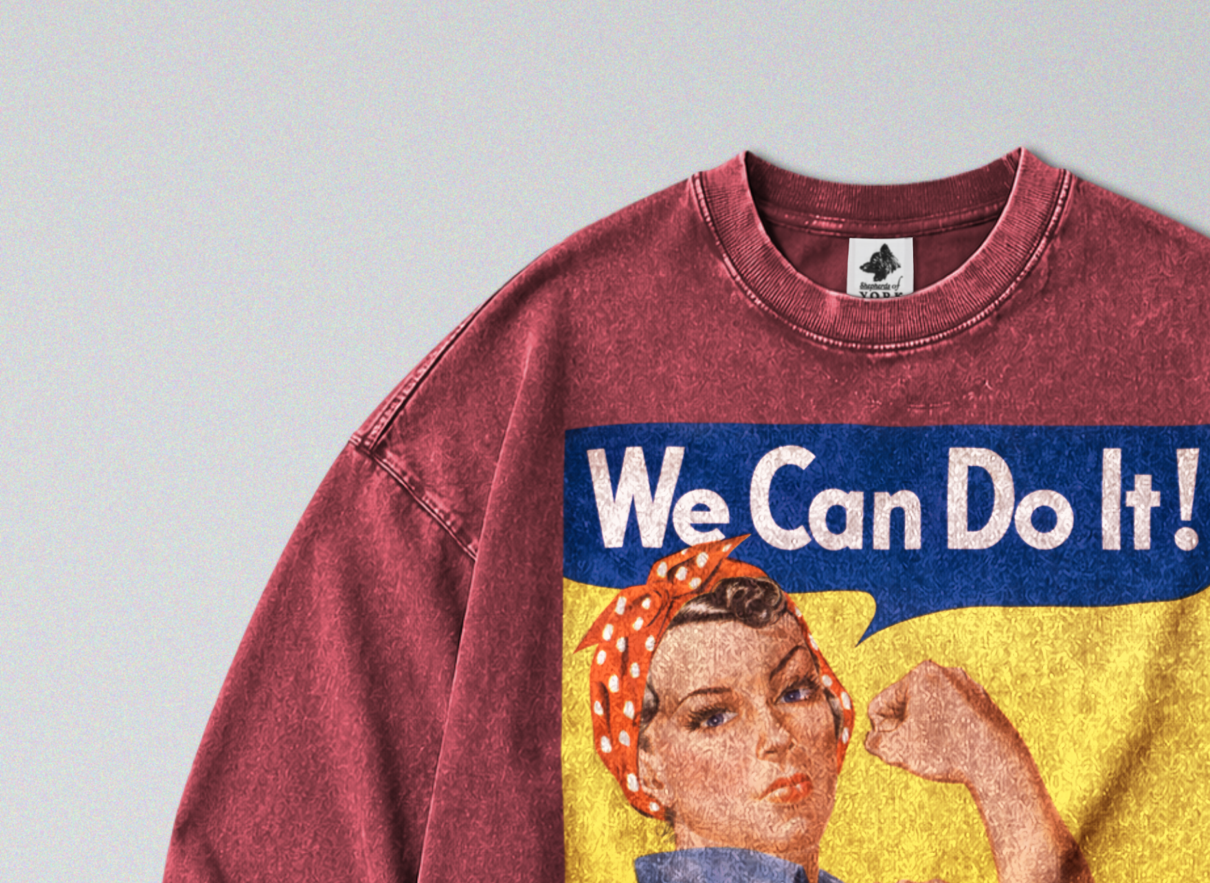 Oversized Snow Washed Long Sleeve Cotton Tee - Rosie the Riveter Print