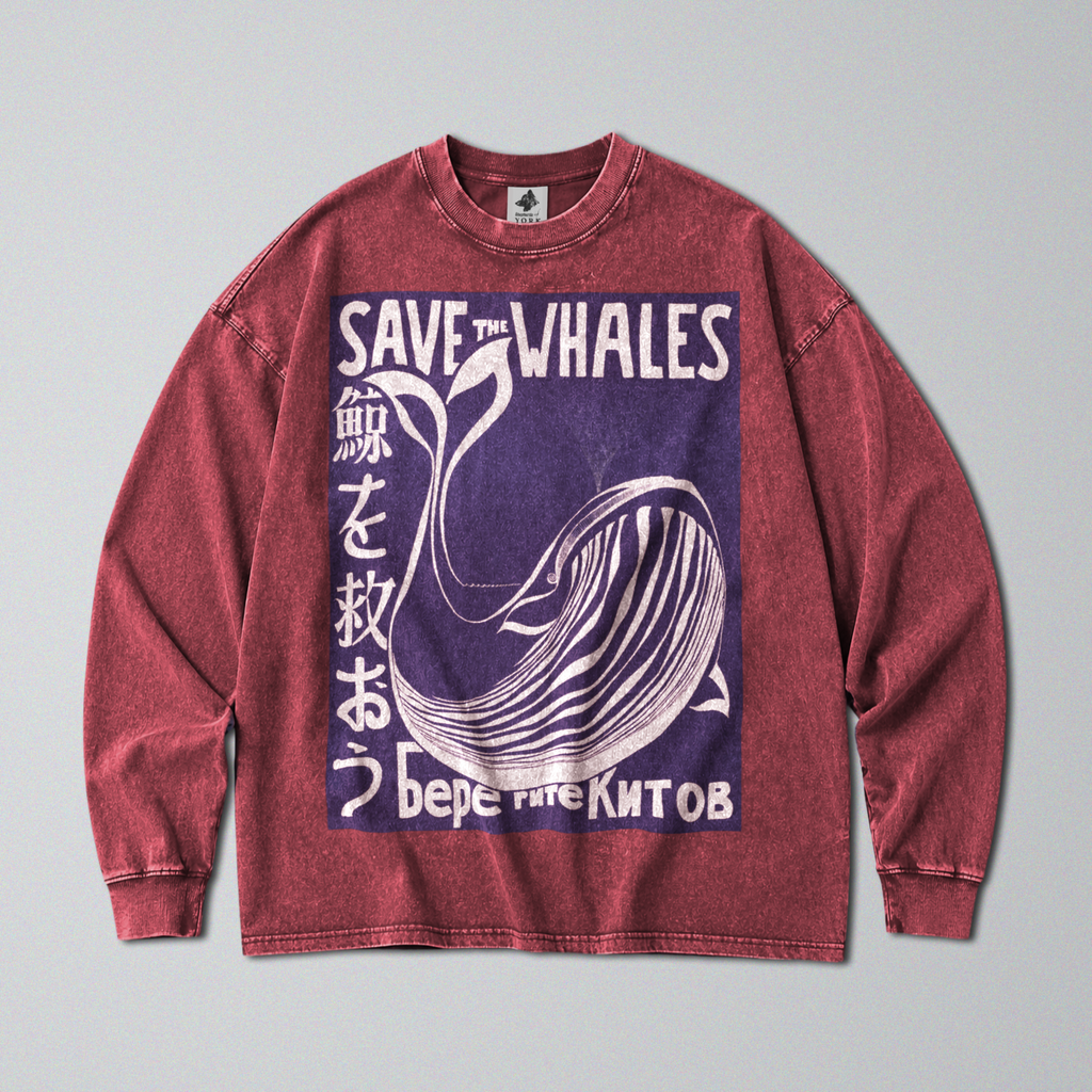 Oversized Snow Washed Long Sleeve Cotton Tee - Save the Whales Print