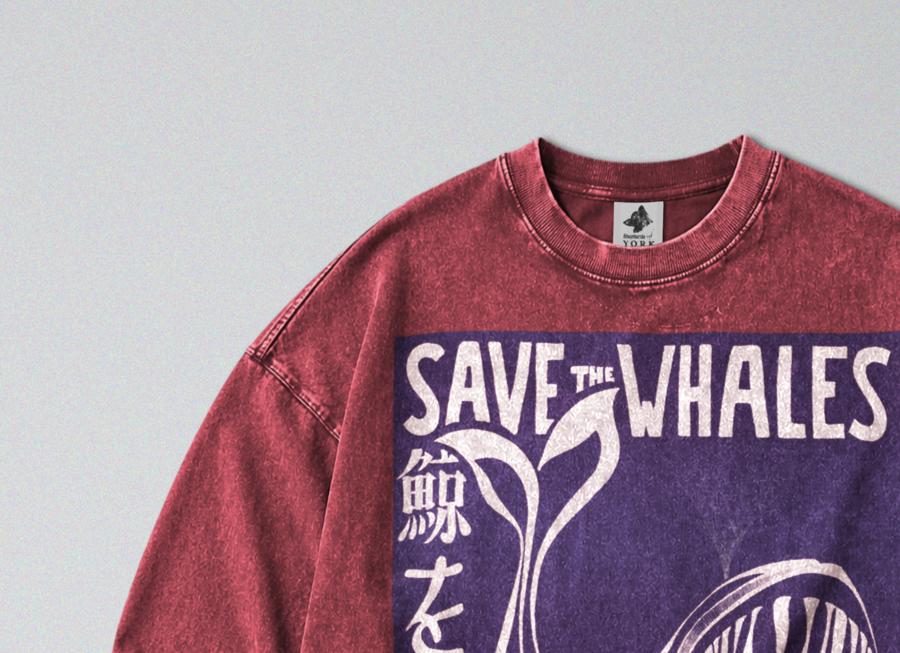 Oversized Snow Washed Long Sleeve Cotton Tee - Save the Whales Print